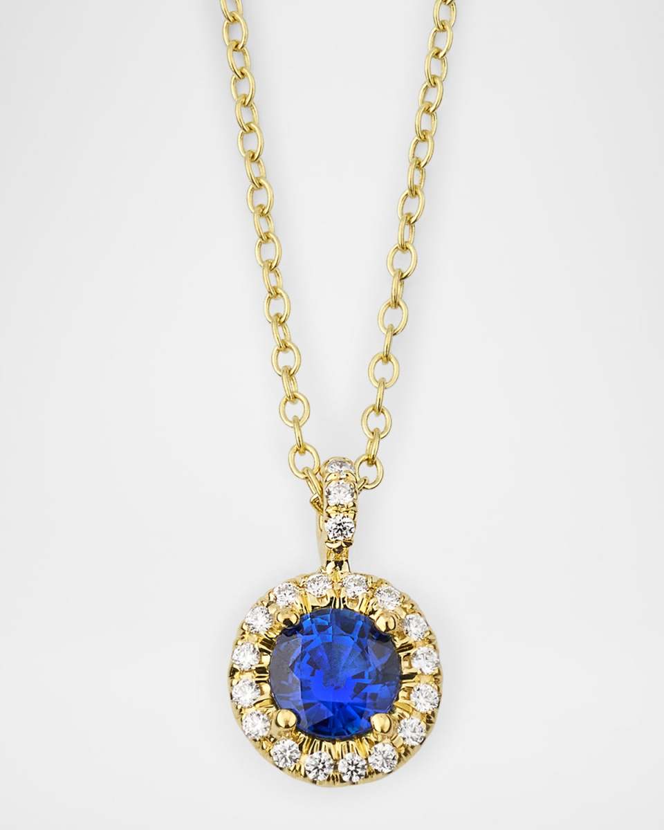 18K Yellow Gold Round Sapphire and Diamond Pendant Necklace